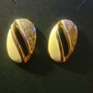 Vintage Diamond Dust Gold Tone And Ivory Pierced Earrings